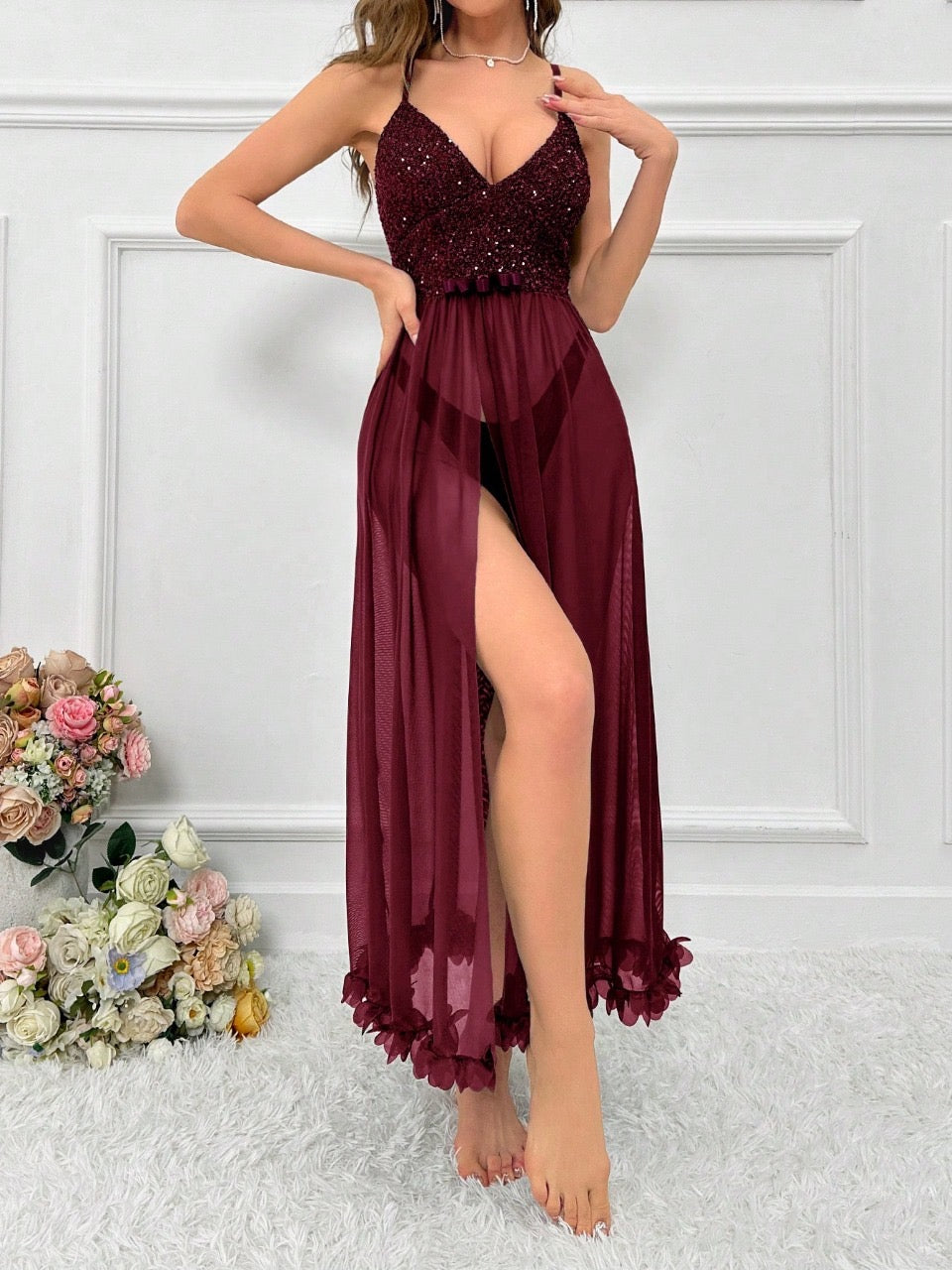 Women's Glittery Splice Strap Nightgown For Home And Sleepwear