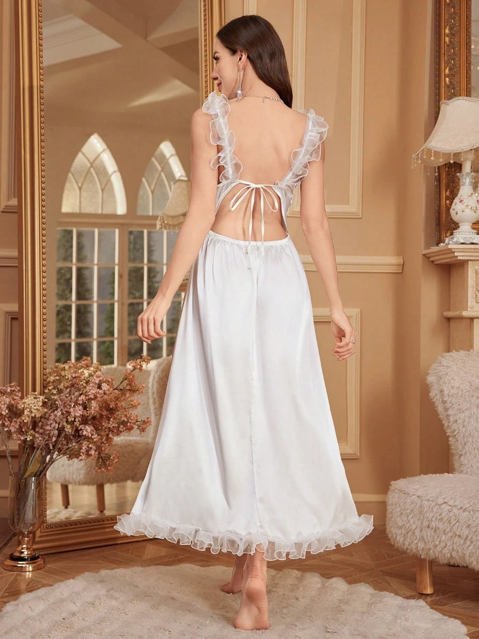 LuxeNights Floral Trim Decor Backless Women's Long Charmeuse Nightgown