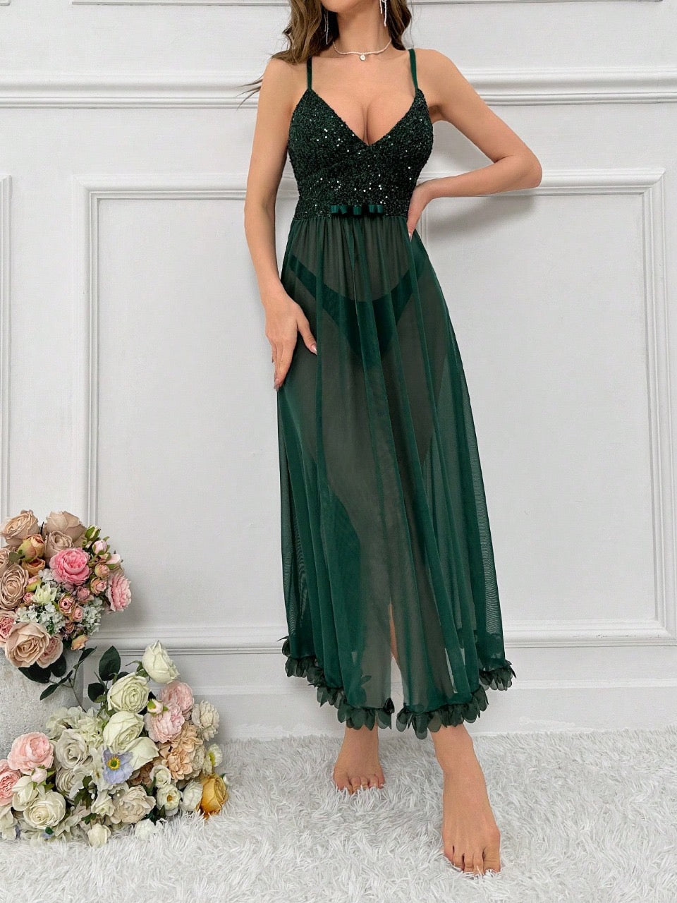 Sequin Patchwork See-through Mesh Cami Lingerie Dress For Home And Sleep