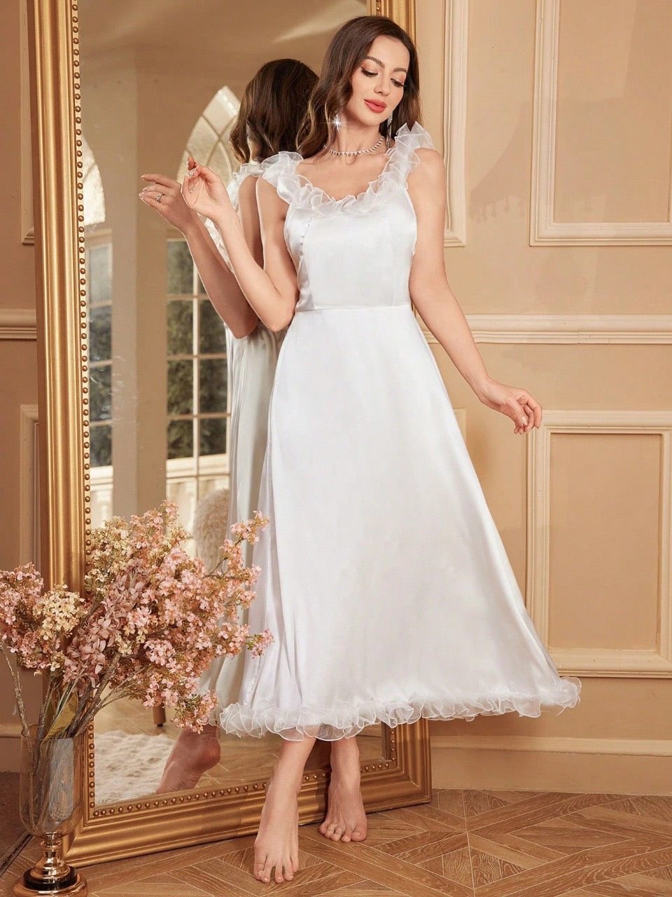 LuxeNights Floral Trim Decor Backless Women's Long Charmeuse Nightgown