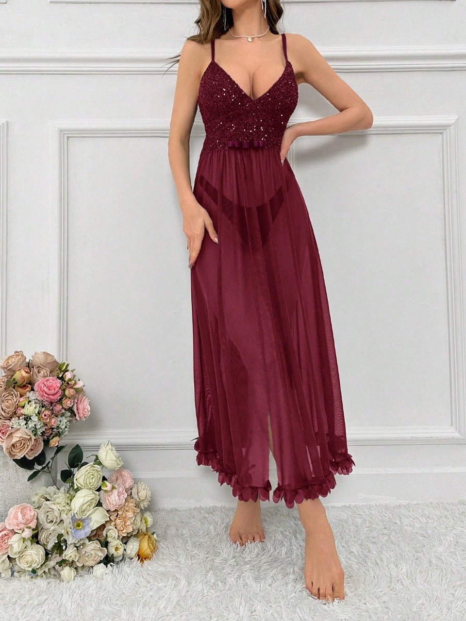 Women's Glittery Splice Strap Nightgown For Home And Sleepwear