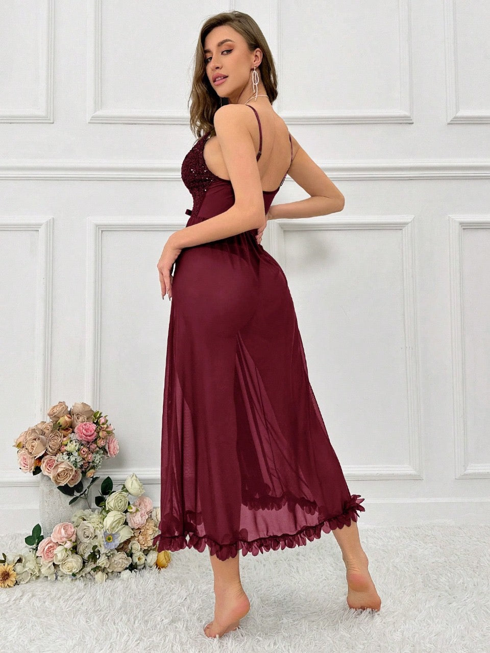 Women's Glittery Splice Strap Nightgown For Home And Sleepwear