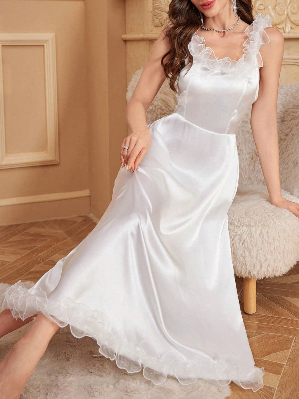 LuxeNights Floral Trim Decor Backless Women's Long Charmeuse Nightgown
