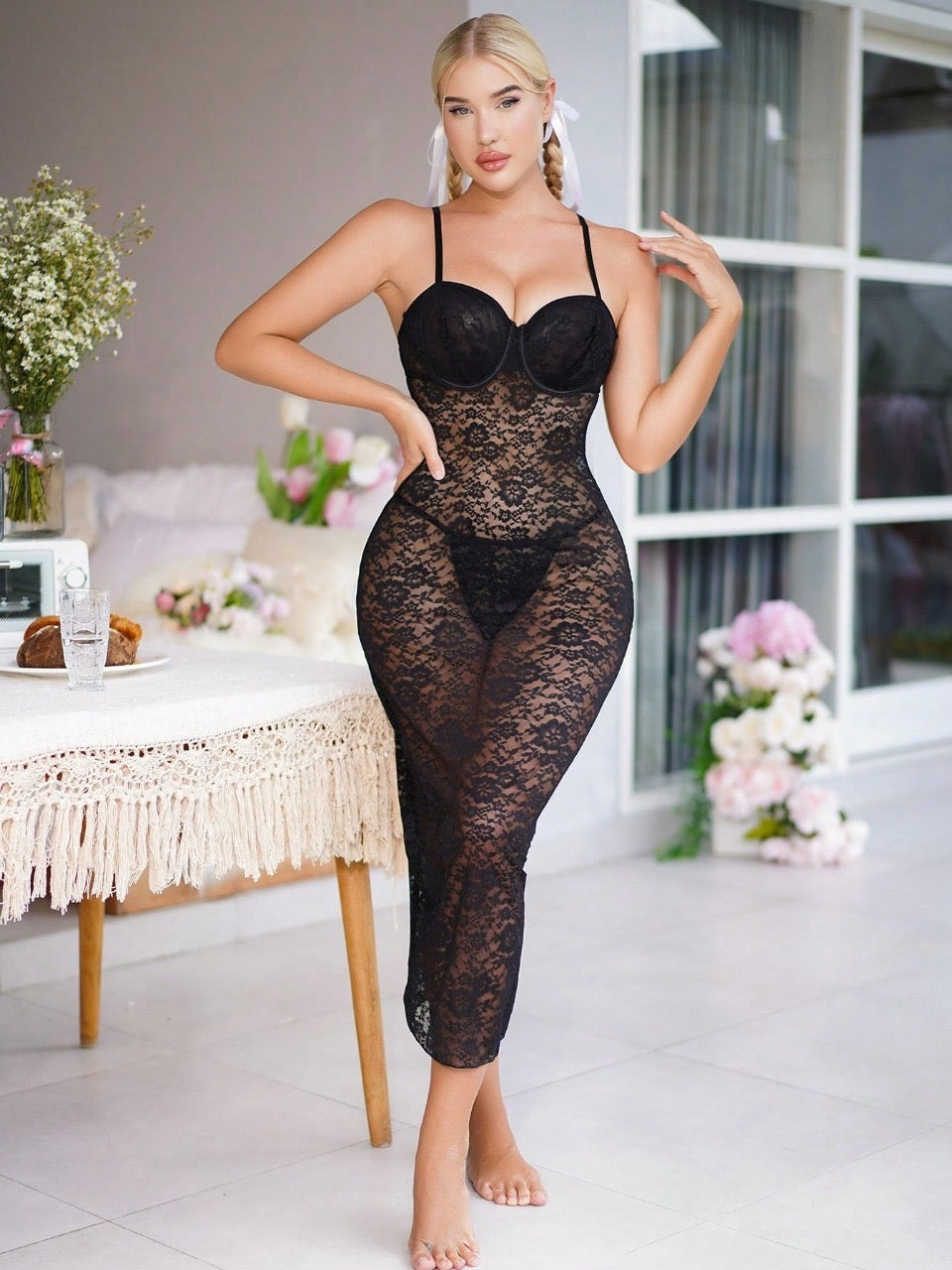 Women's Sexy Lace Cami Nightdress And Thong