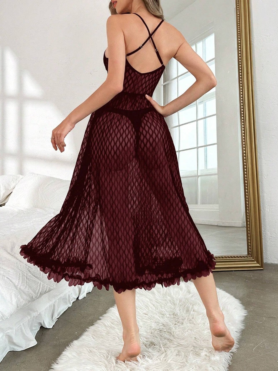 Pearl Chain Decor Lace Panel Jacquard Sexy Long Nightgown