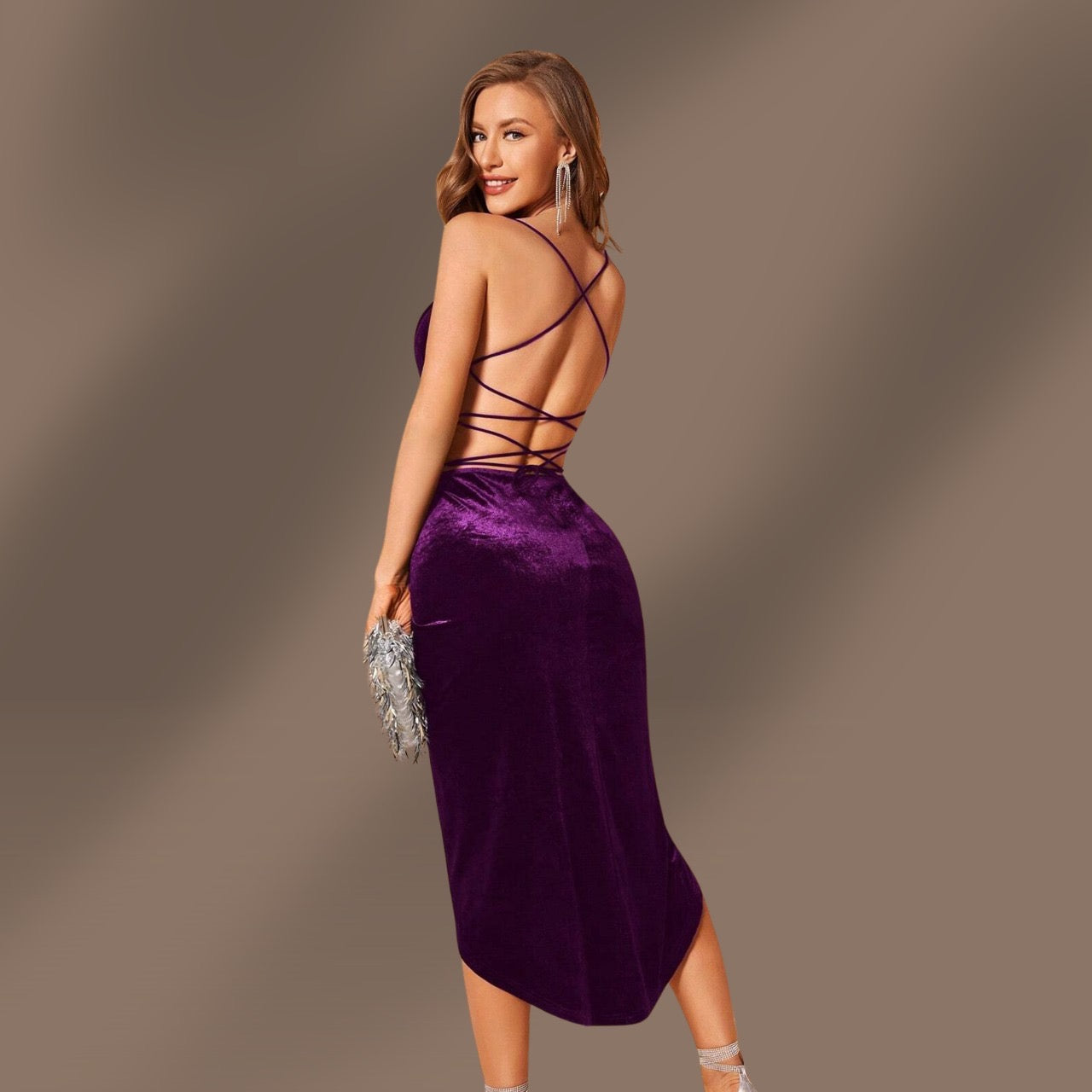 BAE Lace Up Backless Wrap Hem Velvet Cami Dress