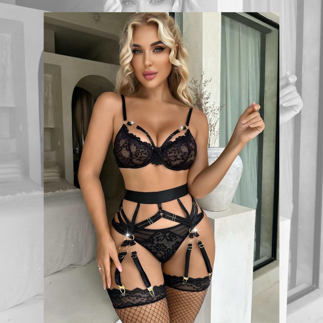 Floral Lace Underwire Garter Lingerie Set With 1pair Stocking