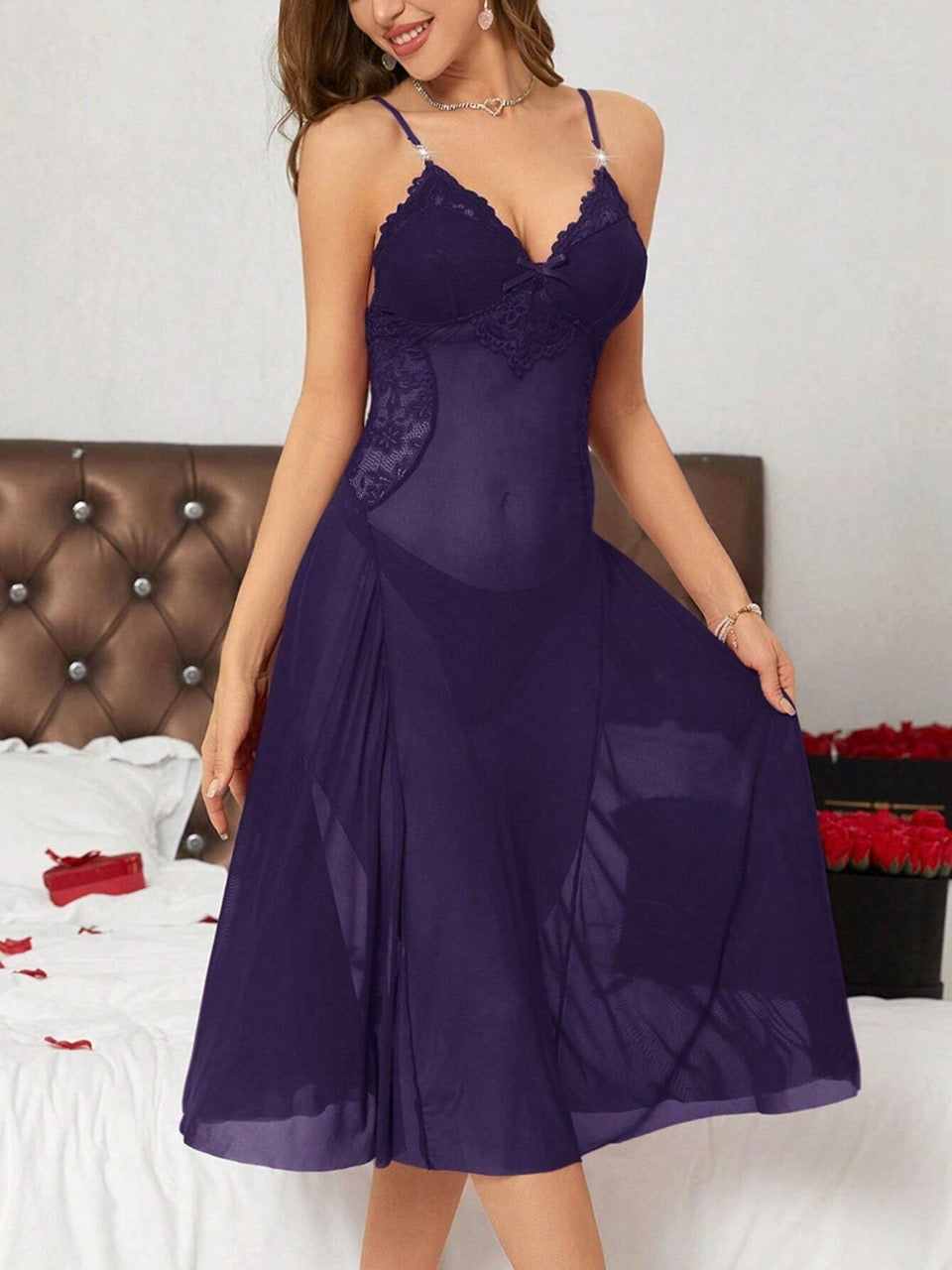 Ladies' Lace & Mesh Patchwork Cami Sleep Dress Pajama Dress