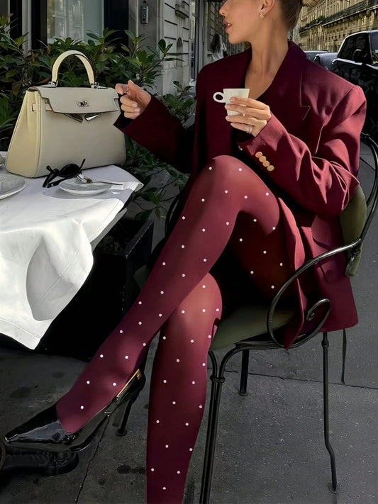 1pc Women's Red Polka Dot Skinny Pantyhose, Tight Fit, Sheer & Breathable, Suitable For Dating, Party, Club, Spring/Summer/Autumn